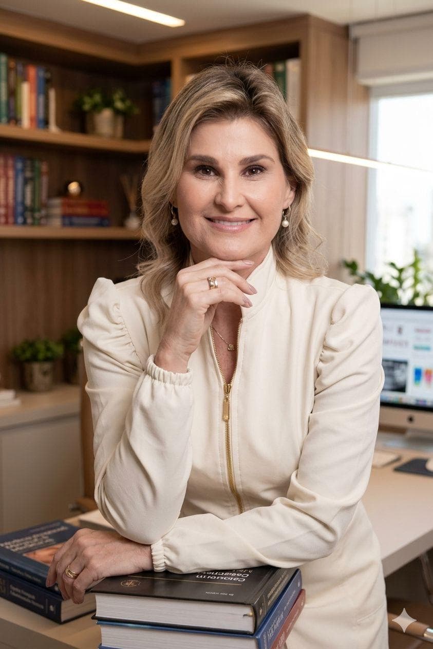 Jaqueline Baiocchi em seu espaço de estudos, ao lado de livros